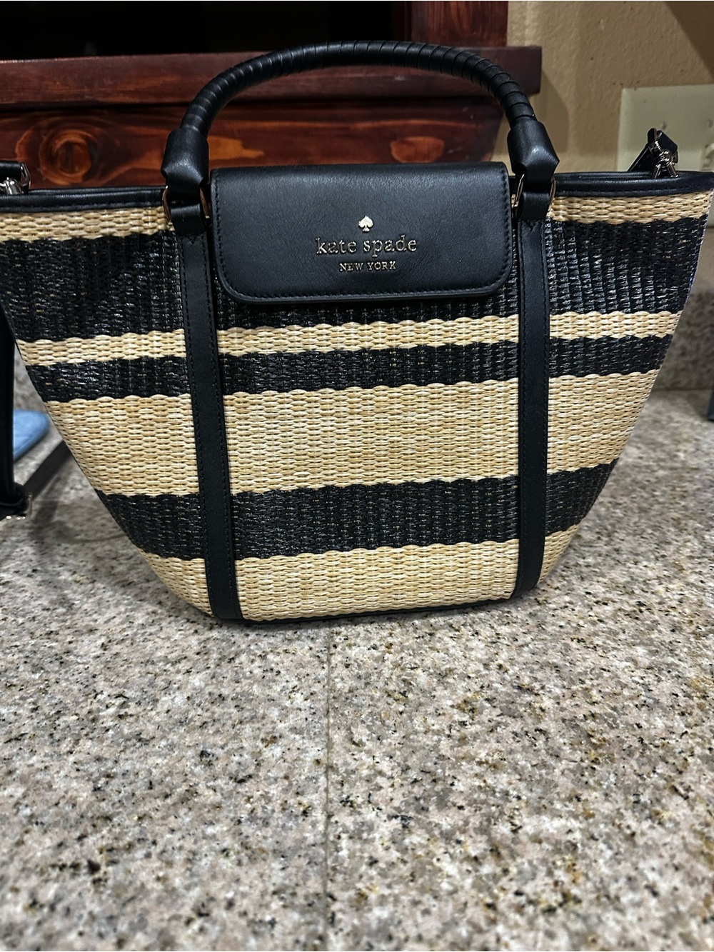 kate spade Black and Natural Striped Woven Tote with Top Handle